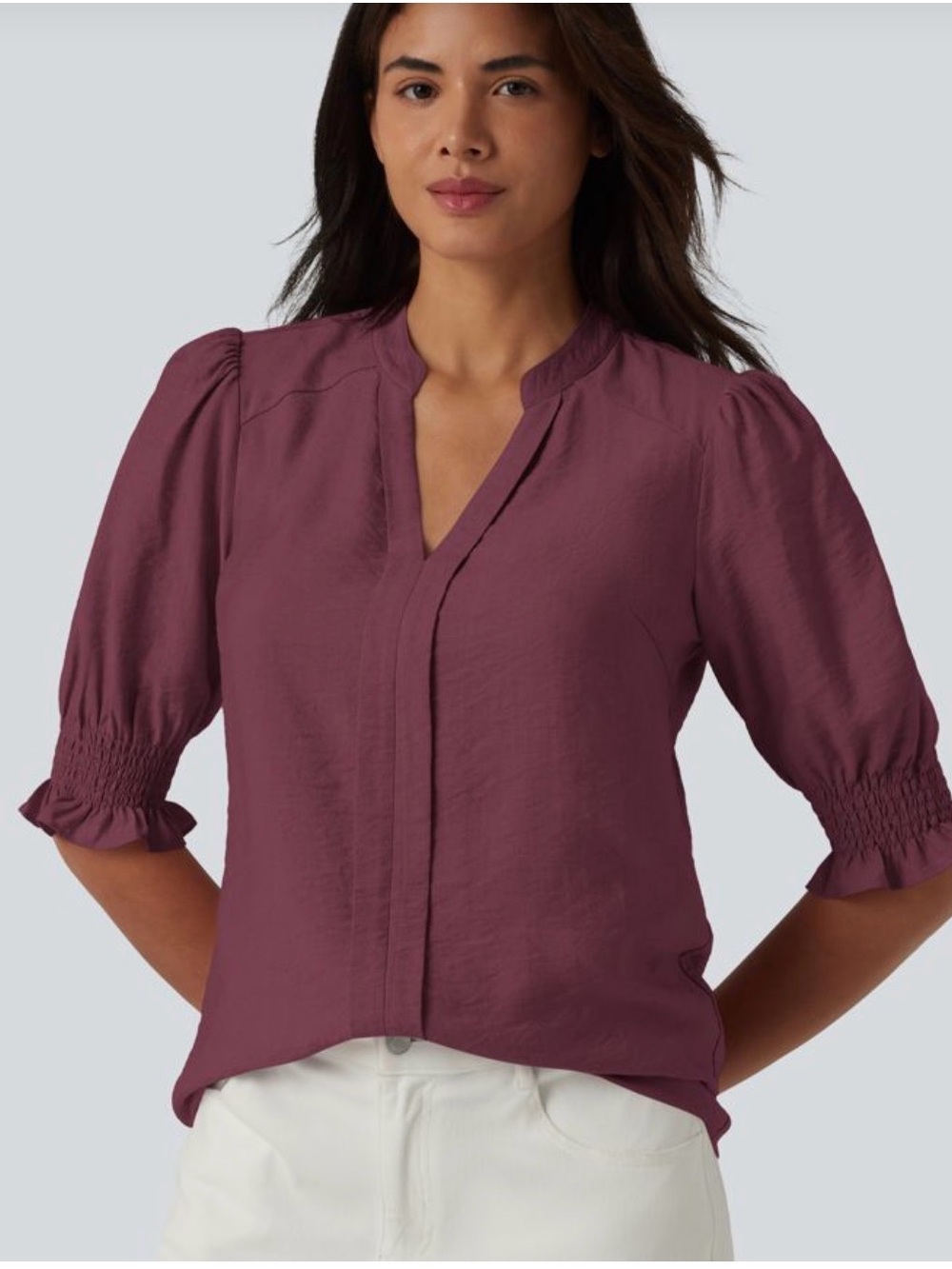 HALARA Smocked-Sleeve V-Neck Blouse - Cranberry
